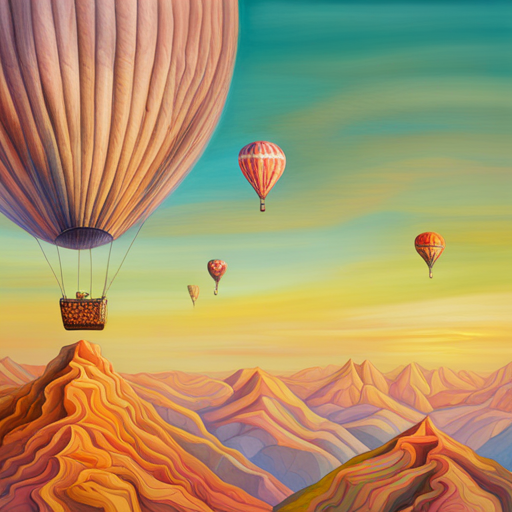 whimsical, dreamlike, vibrant, hot air balloon, surreal, fantasy landscape, multicolored, towering mountains, vast sky, imaginative, floating, surrealism, magical, oversized, otherworldly, ethereal, fantastical creatures, fantastical flora, incredible, larger than life, fantastical elements, visual storytelling