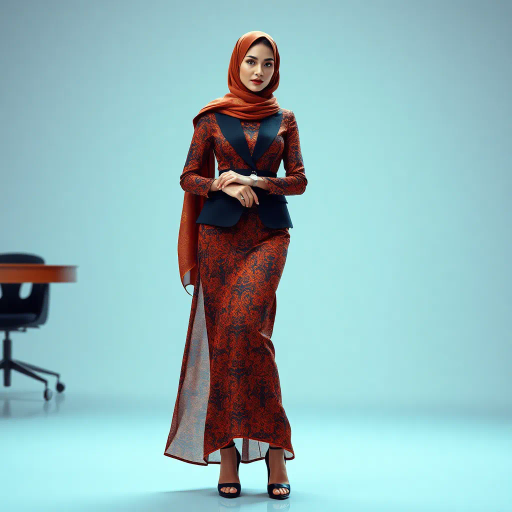 elegant Arab woman, professional attire, hijab, modern workplace, high heels, contrasting cultural fusion, vibrant Middle Eastern influences, contemporary art style, dynamic composition, intricate patterns, vibrant color palette, soft ambient lighting, dynamic posing, cultural expression, delicate textiles, confident and empowering presence, grace, poise, diverse representation, fusion of modern and traditional elements, Impressionism influences, human form depiction, advanced digital techniques, refined textures, bold symbolism, artistic influences, balance, harmony, surreal lighting, empowered femininity, Gustav Klimt inspiration, Art Nouveau elegance, intricate detailing, cultural narrative, sophisticated sophistication, modernism, representation and empowerment