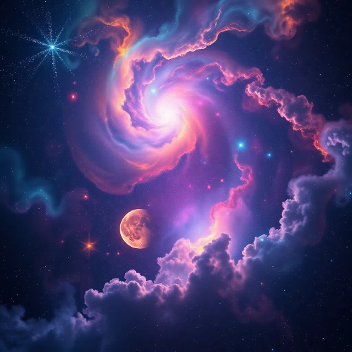 cosmic expanse, starry void, celestial bodies, nebula clouds, Hubble telescope imagery, luminescent galaxies, swirling energies, ethereal light, astral phenomena, infinite universe, Carl Sagan inspiration, dreamy stardust, vibrant cosmic palette, kaleidoscope of colors, constellations, cosmic wonder, interstellar exploration, radiant bursts, space-time continuum, cosmic tranquility, expansive horizons, visionary science fiction, celestial patterns, mysterious depths, cosmic harmony, stellar artistry