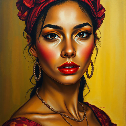 attractive young Latina, vibrant, realism, detailed portraiture, Diego Rivera influence, modern elegance, contemporary color palette, chiaroscuro lighting, soft textures, cultural richness, expressive gaze, Renaissance flair, subtle movement, intimate framing, warm hues, serene expression, dynamic composition, lively presence, classic beauty, harmonious balance
