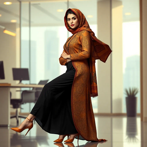 elegant Arab woman, professional attire, hijab, modern workplace, high heels, contrasting cultural fusion, vibrant Middle Eastern influences, contemporary art style, dynamic composition, intricate patterns, vibrant color palette, soft ambient lighting, dynamic posing, cultural expression, delicate textiles, confident and empowering presence, grace, poise, diverse representation, fusion of modern and traditional elements, Impressionism influences, human form depiction, advanced digital techniques, refined textures, bold symbolism, artistic influences, balance, harmony, surreal lighting, empowered femininity, Gustav Klimt inspiration, Art Nouveau elegance, intricate detailing, cultural narrative, sophisticated sophistication, modernism, representation and empowerment