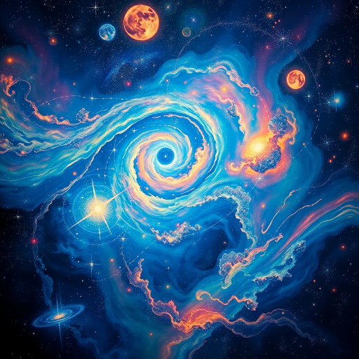 vast cosmos, celestial bodies, nebulae, Vincent van Gogh influence, surrealistic dreamscape, vibrant colors, luminescent, chiaroscuro lighting, ethereal beauty, infinite scale, swirling galaxies, star clusters, cosmic dust, deep space mystery, futuristic elegance, science fiction allure, awe-inspiring vision, cosmic perspective, endless vastness, universe exploration, shimmering stardust, dreamy landscapes, cosmic symphony, astral planes, luminous textures, galactic harmony, visionary art, celestial storytelling, radiant hues, cosmic odyssey, interstellar canvas