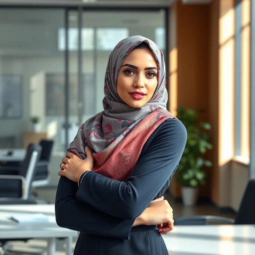 Arab woman, elegant hijab, professional setting, modern workplace, modernism, Impressionism influences, vibrant colors, intricate patterns, soft lighting, dynamic pose, Middle Eastern culture, cultural expression, contemporary art, delicate fabrics, confident demeanor, sophisticated fashion, grace and poise, diverse representation, cultural fusion, empowerment, human form, balance and harmony, office environment, vibrant textiles, sunlight filtering, contemporary elegance, cultural symbolism, professional atmosphere, detailed elegance, timeless sophistication, fine textures, poised movement