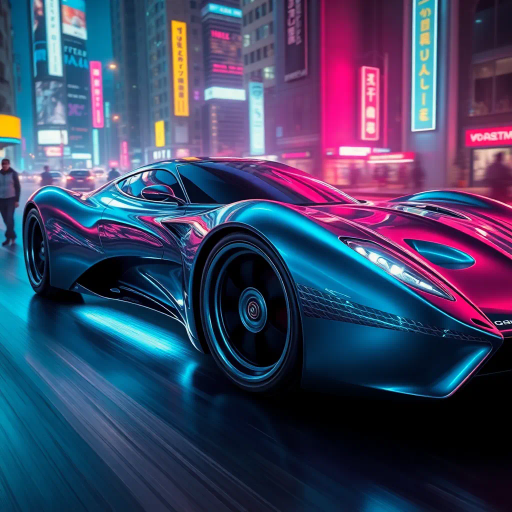 futuristic car design, H.R. Giger, sleek aerodynamics, cybernetic, neon lighting, vibrant hues, dynamic motion, digital painting, high gloss finish, dystopian city, night scene, chrome reflections, smooth curves, kinetic energy, dramatic angle, urban landscape, science fiction, enhanced reality, modern aesthetics, cultural fusion, conceptual innovation