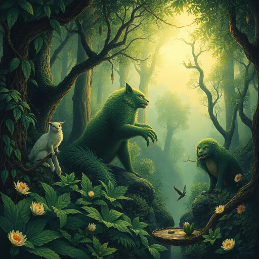 lush forests, mystical creatures, ethereal light, Alphonse Mucha, Art Nouveau, serene atmosphere, vibrant greens, flowing textures, organic shapes, botanical elements, otherworldly landscape, detailed foliage, enchanting scene, dreamlike quality, harmonious composition, whimsical essence, mythical narrative, immersive depth, soft hues, surreal beauty, ancient symbolism, intricate patterns, romanticism, nature's majesty, tranquil mood, imaginative concept