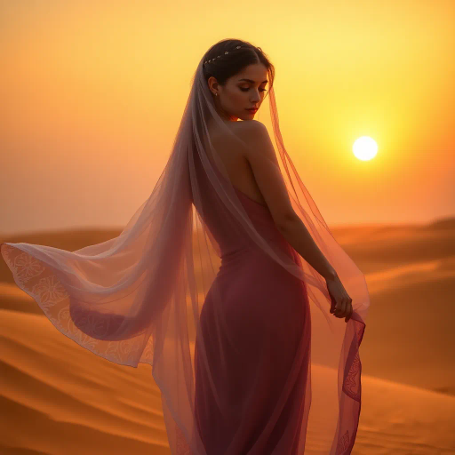 mysterious desert ambiance, sultry allure, arabian influence, exotic beauty, warm sunset glow, intricate patterns, delicate veils, rich golds and indigos, Henri Matisse inspiration, sensual curvature, dynamic movement, inspired by fiction and fantasy, opulent textures, fluid silks, contrast of light and shadow, intimate and bold, art nouveau elegance, sensual exploration, distant dunes, whispers of wind, cultural mystique, intricate henna designs, ethereal essence, graceful poise, visual poetry, emotive depth