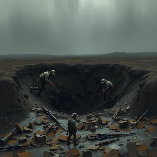 World War I, soldiers, camouflage, muddy shell hole, crater, trench warfare, desolate landscape, gray tones, rain-soaked earth, somber mood, historical accuracy, gritty realism, fog of war, muted colors, impressionistic brush strokes, Edward Hopper, chiaroscuro, dramatic shadows, low-angle perspective, war-torn battleground, evocative silence, military uniforms, symbolic representation, natural textures, earth tones, palette knife technique, early 20th century, emotional depth, resilience, courage, survival, historical documentation, visual storytelling, dynamic composition, atmospheric haze