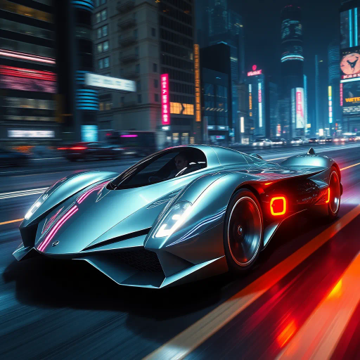 futuristic automobile, Syd Mead, cybernetic aesthetic, dynamic movement, vibrant neon lights, high contrast shadows, aerodynamic curves, metallic textures, glossy surfaces, immersive depth, innovative design, urban landscape, night setting, bold color palette, speed and energy, seamless integration, avant-garde, technological elegance, dramatic angles, expansive composition, urban futurism, neon glow, digital innovation, sleek architecture, sci-fi metropolis, kinetic energy, immersive experience