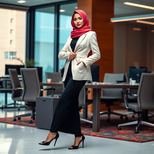 Arab lady, hijab, professional setting, elegance, modern workplace, high heels, grace, long legs, contemporary fashion, vibrant colors, Henri Matisse, impressionistic lighting, cultural fusion, confident composition, smooth textures, chic office attire, dynamic pose, minimalistic design, elegance, bustling office, refined aesthetics, empowerment, subtle sophistication, urban environment, creative space, harmony in diversity, timeless beauty, lateral perspective, graceful movement, cross-cultural artistry, sleek lines