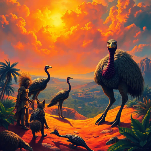 ancient warriors, animal skins, cassowaries resembling dinosaurs, oasis, desert horizon, dramatic lighting, epic scale, vivid colors, Jean Giraud, Maurice Sendak, Maxfield Parrish, dynamic movement, prehistoric landscape, exotic flora, intense atmosphere, surreal imagery, panoramic view, mystical aura, primal energy, textured surfaces, cinematic framing, adventurous spirit, untamed wilderness, rich detail, imaginative mythological narrative, Henri Rousseau, vibrant colors, whimsical creatures, convergence of eras, expressive brushstrokes, prehistoric visual storytelling, lavish detailing, adventurous mood, time-travel themes, cultural symbolism, storytelling composition, fantastical adventure, fusion of history and fiction