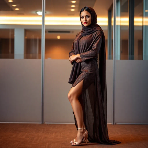 elegant Arab lady, professional atmosphere, high-heeled shoes, modern interior, graceful poise, detailed textiles, warm tones, soft lighting, contemporary fashion, subtle sophistication, luxurious fabric, intricate design, poised posture, refined elegance, Middle Eastern influence, polished surfaces, nuanced textures, confident expression, stylish composition, dynamic perspective