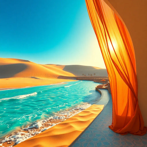exotic elegance, shimmering sands, arabesque patterns, azure waters, Henri Matisse, Middle Eastern motifs, vibrant turquoises, golden hues, intricate Islamic geometry, fluid drapery, surreal oasis, ethereal beauty, sensual curves, sunlit glow, timeless allure, cultural tapestry, rhythmic waves, luxury resort ambience, ancient mystique, evocative atmosphere