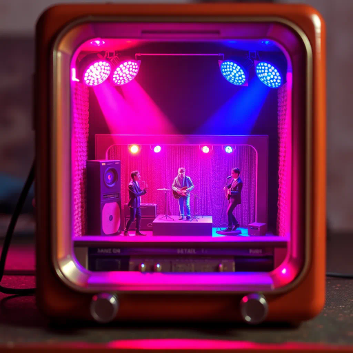 vintage radio, miniature concert scene, performing band, stage performance, vibrant spotlights, pink blue purple lighting, retro-futurism, surreal composition, mid-century design, nostalgic vibe, neon glow, dynamic movement, artistic expression, framed scene, intricate details, cultural resonance, lively atmosphere, textured materials, symbolic presentation, whimsical imagination, immersive experience, hybrid technology, juxtaposition, nostalgic era, animated storytelling, visual spectacle, ambient energy, Salvador Dalí, vibrant hues, ethereal ambiance, 1960s influence, cinematic perspective, pulsating rhythms, neon-soaked color palette, intricate craftsmanship, ethereal glow, avant-garde elements, surreal storytelling, imaginative landscape, symbolic representation, dynamic transitions, playful extravagance, multi-layered composition