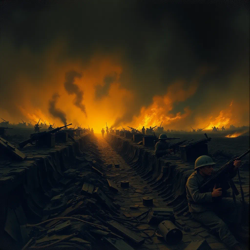 world war i, historical battlefield, trench warfare, intense drama, dramatic lighting, flames and smoke, Edward Hopper, war art, chaotic scene, muted colors, stark contrast, gritty textures, historical realism, emotional intensity, bold strokes, 20th century, perspective shift, dynamic composition, shadow play, smoke-filled atmosphere, destruction, human struggle, evocative imagery, military equipment, historical context, tension and movement, symbolism of destruction and hope, large scale, immersive detail