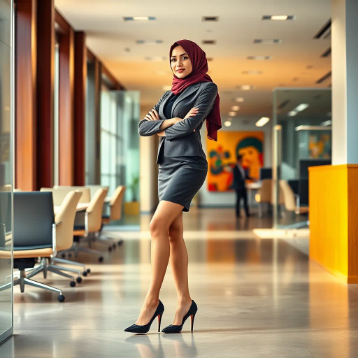 Arab lady, hijab, professional setting, elegance, modern workplace, high heels, grace, long legs, contemporary fashion, vibrant colors, Henri Matisse, impressionistic lighting, cultural fusion, confident composition, smooth textures, chic office attire, dynamic pose, minimalistic design, elegance, bustling office, refined aesthetics, empowerment, subtle sophistication, urban environment, creative space, harmony in diversity, timeless beauty, lateral perspective, graceful movement, cross-cultural artistry, sleek lines