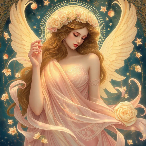 ethereal goddess, inspired by Alphonse Mucha, art nouveau style, soft pastels, flowing lines, intricate patterns, luminous lighting, serene and contemplative mood, floral motifs, celestial elements, elegant composition, delicate textures, whimsy and grace, surrealism influence, dreamscape setting, emotional expression, harmonic balance, ethereal glow, symbolic representation, timeless elegance, expressive portraiture, intricate details