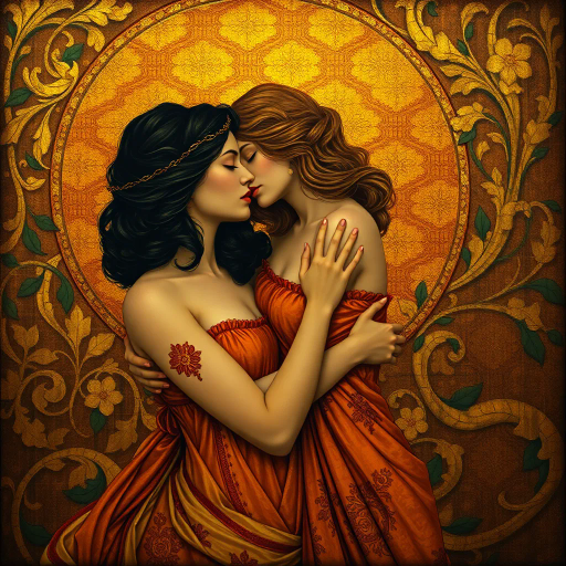 gustav klimt, art nouveau, sensuality, gold leaf, intricate patterns, ethereal glow, romantic allure, rich tapestries, flowing fabrics, elongated forms, emotional intensity, intimate moments, lush environments, vibrant palettes, delicate lines, allegorical meaning, dreamlike atmosphere, baroque influences, warm tones, skin textures, evocative narratives, mysterious allure, opulent details, timeless elegance, visual poetry, captivating presence