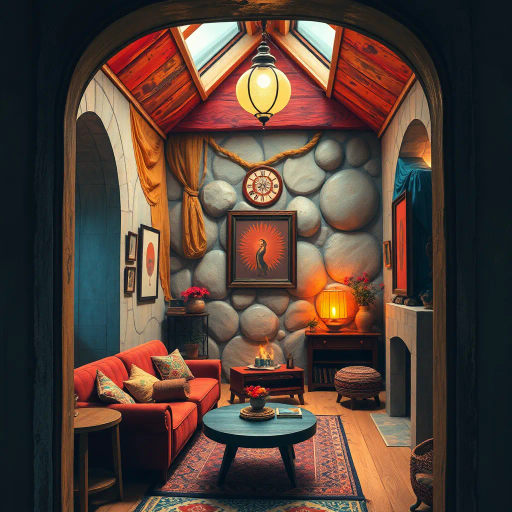 cosy, welcoming space, intricate details, vivid colors, warmth, serenity, architectural elements, modern design, mid-century influences, natural light, ambient shadows, harmonious composition, textured surfaces, vibrant hues, peaceful atmosphere, artistic expression, symbolic elements, cultural influences, interior perspective, intimate setting, emotional depth, contemporary vision, imaginative approach, expressionist undertones, personal sanctuary, detailed craftsmanship
