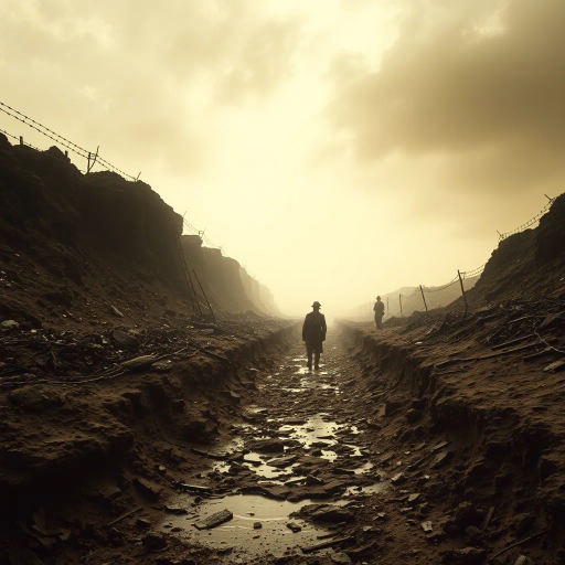 world war 1, no man's land, desolate battlefield, war-torn landscape, muddy trenches, bomb craters, devastation, sepia tones, historic ambiance, early 20th century, somber mood, war photography influences, dynamic angles, chiaroscuro lighting, eerie silence, barbed wire, fractured ground, texture-rich, misty atmosphere, grey skies, emotional depth, trench warfare, brutal realism, historical accuracy, soldier's perspective, Claude Monet, John Singer Sargent, intense realism, atmospheric perspective, detailed rendering, visual narrative, isolation, survival, historical reference