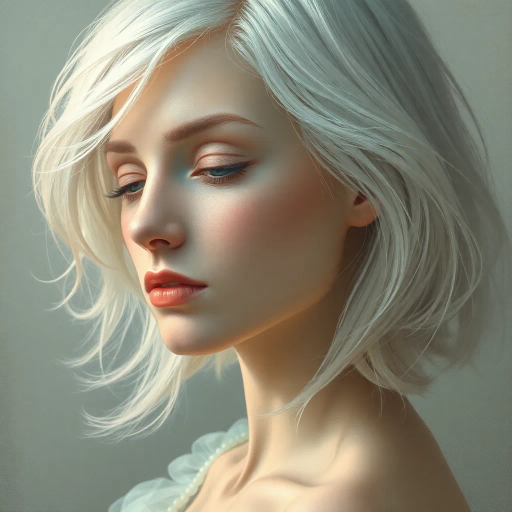 ethereal woman, medium white hair, whimsical, ethereal lighting, Vermeer influence, baroque hints, soft highlights, Renaissance elegance, surreal composition, pastel tones, gentle textures, smooth brushstrokes, delicate expressions, serene mood, classical framing, flowing movement, introspective gaze, intricate patterns, harmony and balance, subtle symbolism, dreamlike atmosphere, art of Vermeer, baroque period, renaissance art, mid-century modern, soft pastel palette, gentle and smooth, serene and introspective, flowing and balanced, surreal and dreamlike