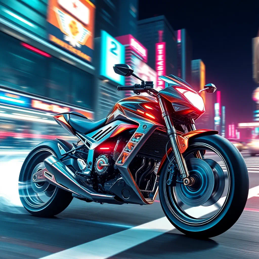 futuristic motorcycle, sleek design, dynamic movement, vibrant neon lighting, retro-futurism aesthetics, Ralph McQuarrie influence, cyberpunk cityscape, speed and energy, chrome finishes, intricate mechanical details, kinetic composition, bold contrasts, urban night setting, digital rendering techniques, motion blur, concept art, streamlined form, synthetic materials, high contrast shadows, immersive environment, futuristic vision, dazzling color palette, energetic lines, cyber aesthetics, urban symphony, visionary landscape, otherworldly ambiance, cutting-edge technology, luminous reflections
