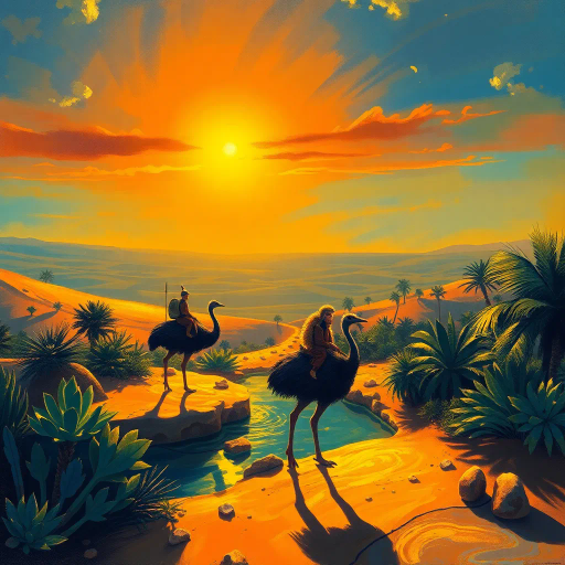 oasis, desert landscape, cassowary riders, surreal journey, Henri Rousseau influence, impressionist brushstrokes, vivid color palette, golden sunlight, mirage effects, dynamic composition, whimsical atmosphere, tropical vegetation, dramatic shadows, expansive horizon, cultural fusion, dreamlike scenario, detailed textures, symbolic fauna, mystic ambiance, imaginative realism, ethereal landscape, adventurous spirits, exotic wildlife, tranquil pools, exploratory perspective, fantasy artistry, vibrant emotional depth, rich detailing, converging horizons, transformative light, fantastical realism, extraordinary environment, mythical exploration