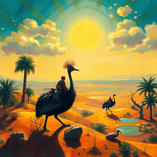 oasis, desert landscape, cassowary riders, surreal journey, Henri Rousseau influence, impressionist brushstrokes, vivid color palette, golden sunlight, mirage effects, dynamic composition, whimsical atmosphere, tropical vegetation, dramatic shadows, expansive horizon, cultural fusion, dreamlike scenario, detailed textures, symbolic fauna, mystic ambiance, imaginative realism, ethereal landscape, adventurous spirits, exotic wildlife, tranquil pools, exploratory perspective, fantasy adventure, cultural tapestry, vibrant storytelling, painterly approach, atmospheric depth, luminescent hues, otherworldly beauty, poetic vision, visual narrative, chromatic exploration, immersive experience