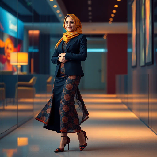 elegant Arab woman, professional attire, hijab, modern workplace, high heels, contrasting cultural fusion, vibrant Middle Eastern influences, contemporary art style, dynamic composition, intricate patterns, vibrant color palette, soft ambient lighting, dynamic posing, cultural expression, delicate textiles, confident and empowering presence, grace, poise, diverse representation, fusion of modern and traditional elements, Impressionism influences, human form depiction, advanced digital techniques, refined textures, bold symbolism, artistic influences, balance, harmony, surreal lighting, empowered femininity, Gustav Klimt inspiration, Art Nouveau elegance, intricate detailing, cultural narrative, sophisticated sophistication, modernism, representation and empowerment
