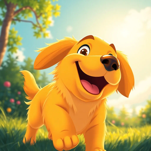 golden retriever, playful, joyful, vibrant colors, dynamic composition, soft textures, sunlight illumination, golden hues, John Lasseter influence, whimsical, cheerful, uplifting, perspective from low angle, animated essence, fluid movements, cartoon-like style, bright atmosphere, round shapes, sense of wonder, fantasy element, lively expression, nature setting, harmonious composition