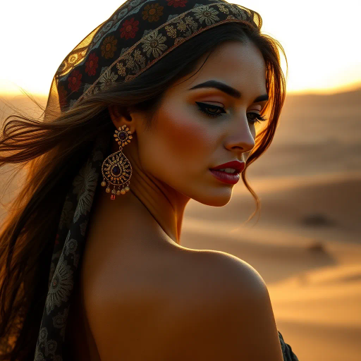 captivating allure, Arab beauty, Henri Matisse inspiration, Yves Saint Laurent influence, modern elegance, desert oasis backdrop, golden hour lighting, chiaroscuro lighting, vibrant colors, intricate patterns, delicate textures, sun-kissed skin, exotic allure, cultural richness, flowing lines, sensual movement, feminine power, refined grace, harmonious composition, romantic ambiance, visual poetry, timeless grace, seductive composition, ethereal mood, desert mirage, artistic flair, Arabic cultural motifs, expressive body language, sophisticated minimalism, textured contrast, contemporary realism, poised demeanor, artistic serenity, Vermeer-inspired composition, soft ambient lighting, dynamic perspective, stylish composition