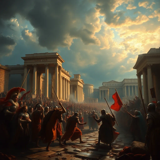 Visigoths, ancient Rome, chaotic cityscape, dramatic lighting, chiaroscuro, tumultuous emotions, historical drama, vivid storytelling, Alaric I, dark, somber tones, rubble and ruins, intricate detail, historical textiles, Renaissance influence, dynamic composition, expressive brushwork, historical artifacts, cultural collision, atmospheric tension, turbulent skies, Baroque intensity, rich textures, epic scale, classical architecture, aura of desolation, historical narrative, monumental scale, layers of history, pathos and loss