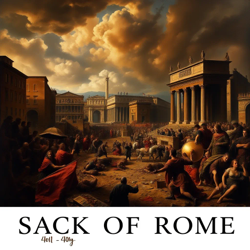 Visigoths, ancient Rome, chaotic cityscape, dramatic lighting, chiaroscuro, tumultuous emotions, historical drama, vivid storytelling, Alaric I, dark, somber tones, rubble and ruins, intricate detail, historical textiles, Renaissance influence, dynamic composition, expressive brushwork, historical artifacts, cultural collision, atmospheric tension, turbulent skies, Baroque intensity, rich textures, epic scale, classical architecture, aura of desolation, historical narrative, monumental scale, layers of history, pathos and loss