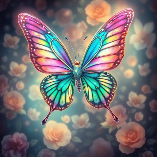butterfly, ethereal wings, iridescent colors, inspired by Alphonse Mucha, Art Nouveau, intricate patterns, luminous glow, surreal beauty, dreamlike atmosphere, soft gradients, delicate textures, graceful movement, vibrant hues, mythical aura, elegant symmetry, floral background, tranquil setting, magical realism, whimsical nature, enchanting essence