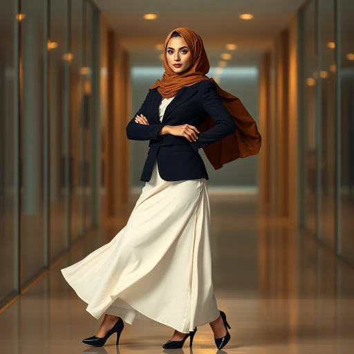 elegant Arab woman, professional attire, hijab, modern workplace, high heels, contrasting cultural fusion, vibrant Middle Eastern influences, contemporary art style, dynamic composition, intricate patterns, vibrant color palette, soft ambient lighting, dynamic posing, cultural expression, delicate textiles, confident and empowering presence, grace, poise, diverse representation, fusion of modern and traditional elements, Impressionism influences, human form depiction, advanced digital techniques, refined textures, bold symbolism, artistic influences, balance, harmony, surreal lighting, empowered femininity, Gustav Klimt inspiration, Art Nouveau elegance, intricate detailing, cultural narrative, sophisticated sophistication, modernism, representation and empowerment
