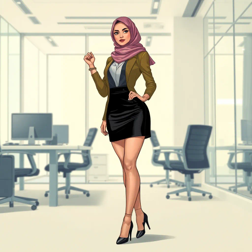 elegant Arab woman, professional attire, hijab, modern workplace, high heels, contrasting cultural fusion, vibrant Middle Eastern influences, contemporary art style, dynamic composition, intricate patterns, vibrant color palette, soft ambient lighting, dynamic posing, cultural expression, delicate textiles, confident and empowering presence, grace, poise, diverse representation, fusion of modern and traditional elements, Impressionism influences, human form depiction, advanced digital techniques, refined textures, bold symbolism, artistic influences, balance, harmony, surreal lighting, empowered femininity, Gustav Klimt inspiration, Art Nouveau elegance, intricate detailing, cultural narrative, sophisticated sophistication, modernism, representation and empowerment