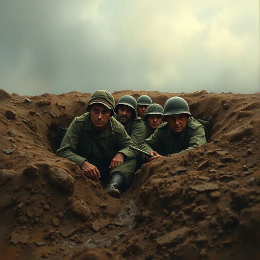 WW1 soldiers, hiding, muddy shell hole, crater, mud, war-torn landscape, historical accuracy, chiaroscuro lighting, earthy tones, Impressionist influences, dramatic composition, somber mood, overcast sky, texture of dirt and grime, military gear, emotional intensity, deep shadows, trench warfare, battle-worn expressions, wet terrain, muted palette, realism, fleeting moments, raw textures, desperate atmosphere, war photography influence, painterly brushstrokes, harrowing environment