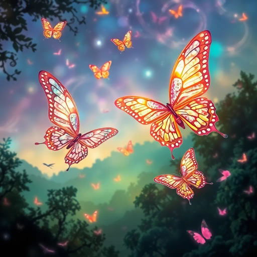 intricate butterflies, ethereal wings, vivid iridescence, Gustav Klimt inspiration, Art Nouveau, swirling patterns, luminescent colors, whimsical flight, delicate movement, mystical aura, enchanting forest, soft pastel hues, surreal landscape, imaginative dreamscape, fluid forms, harmonious balance, radiant glow, magical realism, twilight ambiance, intricate patterns, delicate textures, organic shapes, floating gently, fairy-tale essence, enchanted woodland, mythical creatures