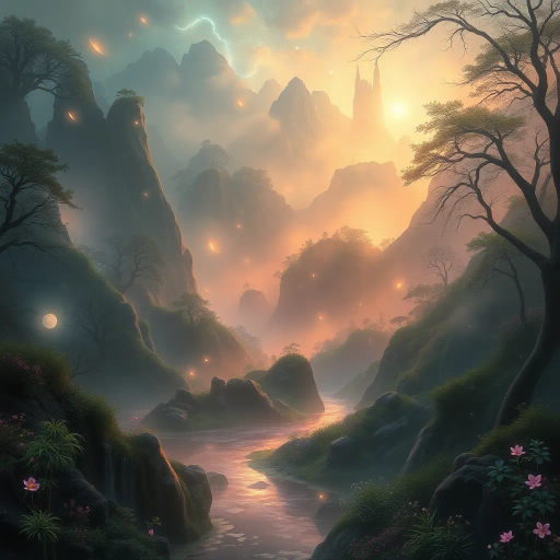 mystical landscape, hidden valleys, shimmering waters, enchanted forest, soft ethereal glows, Claude Monet, dreamy atmospheres, Art Nouveau influences, pastel hues, intricate details, flowing lines, mystical aura, surreal compositions, celestial light, magical creatures, poetic ambiance, limitless horizons, enchanting melodies of nature, divine beauty, transcendent experience, surreal storytelling, timeless enchantment, mystical journey, wondrous exploration