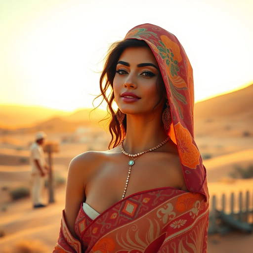 Arab, professional, business attire, elegance, sophistication, vibrant lighting, modern office, dynamic composition, rich details, Middle Eastern cultural elements, reflective surfaces, chiaroscuro, confident pose, realistic skin tones, emotional depth, warm color palette, depth of field, intricate patterns, luxurious textures, professional environment, empowerment, graceful silhouette, contemporary setting, harmonious balance, movement captured, modern-day scenario, poised and composed, intellectual atmosphere