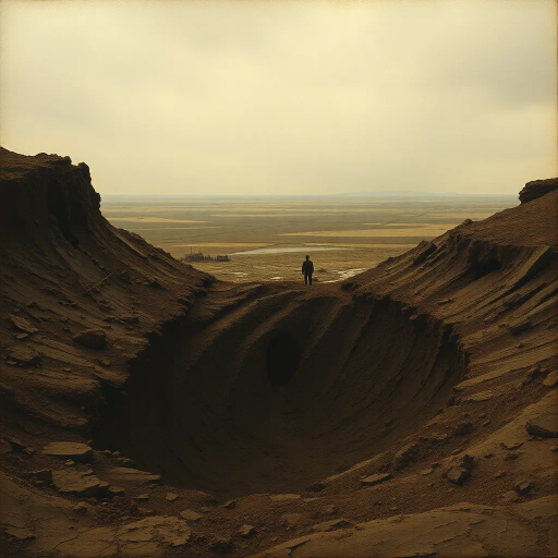 World War 1, muddy shell hole, crater, desolate landscape, Edward Hopper, surreal, chiaroscuro lighting, earthy tones, brown and gray palette, textured surfaces, impression of war, somber mood, historical context, panoramic view, realism, mimesis, evocative atmosphere, industrial war era, remnants of battle, emotional depth, historical symbolism, intricate detail