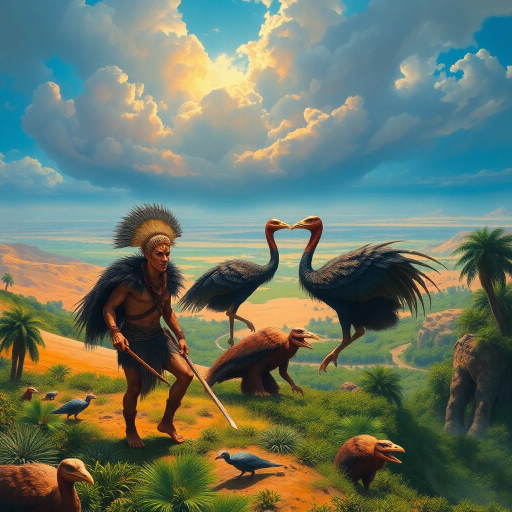 prehistoric warriors, animal pelts, dinosaur-like cassowaries, verdant oasis, expansive desert horizon, vibrant colors, Jean Giraud, Maxfield Parrish, Maurice Sendak, dramatic lighting, intricate textures, cinematic scale, dynamic movement, surreal landscape, imaginative world-building, mythical narrative, exotic flora, convergence of eras, prehistoric visual storytelling, adventurous mood, expressive brushstrokes, fantastical adventure, untamed wilderness, cultural symbolism, primal energy, lavish detailing, epic scale, ethereal atmosphere