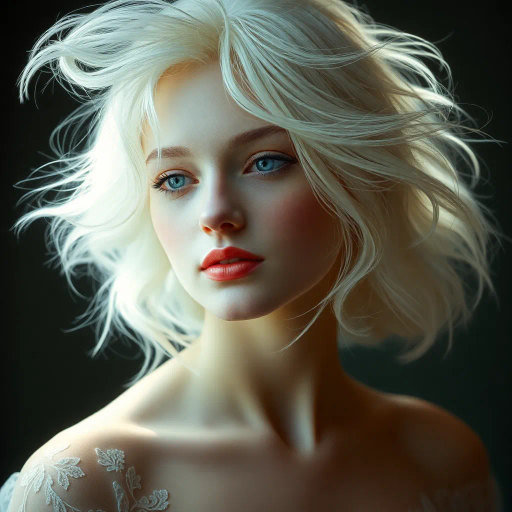 ethereal woman, medium white hair, whimsical, ethereal lighting, Vermeer influence, baroque hints, soft highlights, Renaissance elegance, surreal composition, pastel tones, gentle textures, smooth brushstrokes, delicate expressions, mid-century modern, serene mood, classical framing, flowing movement, introspective gaze, intricate patterns, harmony and balance, subtle symbolism, dreamlike atmosphere, ethereal radiance, Vermeer-esque lighting, baroque richness, Renaissance grace, surreal and fluid composition, delicate pastel palette, soft texture details, tranquil and graceful demeanor, classic yet modern feel, dynamic yet gentle flow, poised and thoughtful gaze, intricate and detailed design, balanced and harmonious structure, symbolically nuanced, dreamlike and serene ambience