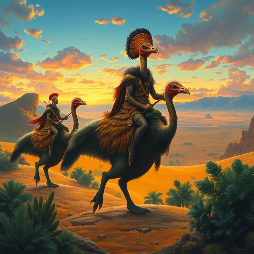 ancient warriors, animal skins, riding dinosaur-like cassowaries, oasis setting, expansive desert horizon, dramatic light, vivid colors, surrealism, Jean Giraud, Maurice Sendak, Maxfield Parrish influence, dynamic composition, prehistoric landscape, tribal culture, whimsical creatures, adventurous spirit, untamed wilderness, rich detail, cinematic framing, imaginative mythological narrative, prehistoric flora, cultural symbolism, ethereal landscape, mystical aura, primal energy, textured surfaces, symbolic fauna, Mesopotamian influence, epic storytelling, vibrant hues, twilight glow, illusionary shapes, exotic flora, adventurous mood, lavish detailing
