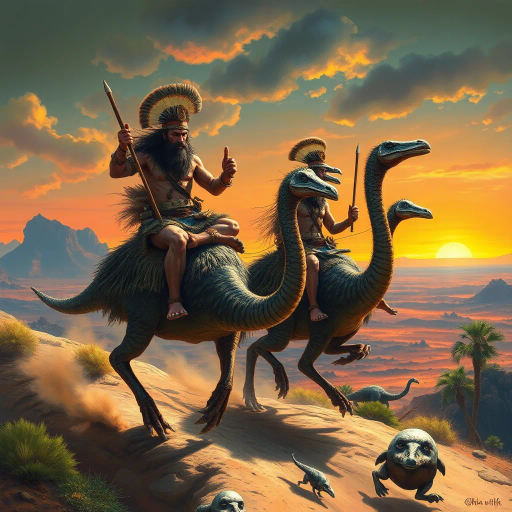 prehistoric warriors, clad in animal skins, riding dinosaur-like cassowaries, oasis setting, desert horizon, dramatic lighting, vibrant colors, imaginative mythological narrative, dynamic movement, prehistoric landscape, tribal culture, intense atmosphere, surreal imagery, panoramic view, mystical aura, primal energy, textured surfaces, cinematic framing, adventurous spirit, untamed wilderness, rich detail, Jean Giraud influence, Maurice Sendak, Maxfield Parrish, whimsical creatures, ancient mythology, cultural symbolism, expressive brushstrokes, storytelling composition, exotic flora, atmospheric depth, lavish detailing, vivid colors, convergence of eras, fantastical adventure, time-travel themes, paleontological fantasy