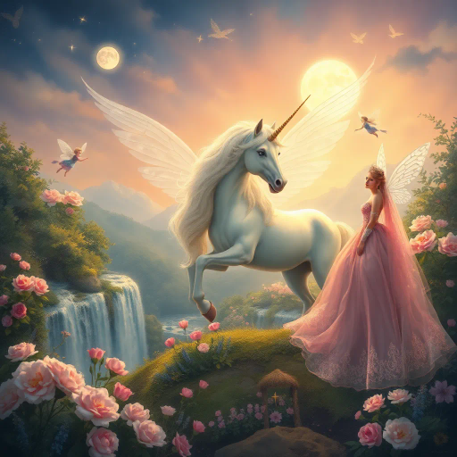 mythical unicorn, enchanting fairies, regal princess, ethereal glow, soft pastels, dreamlike landscape, intricate detail, romanticism, whimsical essence, magical realism, baroque influences, delicate brushstrokes, shimmering textures, enchanted forest, twilight ambiance, ethereal beauty, imaginative composition, vibrant flora, surreal atmosphere, celestial light, fairytale dimension, mythical creatures, gentle aura, serene emotion, opulent attire, mystical symbolism, luminous glow, vibrant pastel colors, whimsical landscapes, dreamlike, romantic, flowing gowns, Arthur Rackham, moonlit scenery, shimmering waterfalls, storybook charm, celestial aura, timeless fantasy, enchanting realm, mystical ambiance, ethereal luminosity, dreamy composition, fantasy realism, ethereal palette, celestial landscape