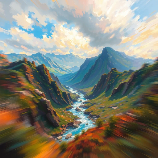 thrilling journey, dynamic composition, vibrant colors, impressionist influence, Claude Monet, motion blur, modern twist, surreal landscapes, energetic brushstrokes, light and shadow interplay, adventure essence, whimsical spirit, futuristic elements, diverse textures, atmospheric perspective, emotional depth, cultural inspiration, immersive experience, expansive scenery, visual narrative, exploration theme