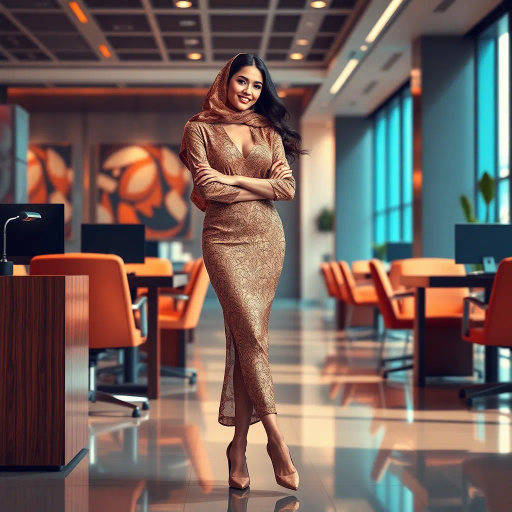 Arab lady, hijab, professional setting, elegance, modern workplace, high heels, grace, long legs, contemporary fashion, vibrant colors, Henri Matisse, impressionistic lighting, cultural fusion, confident composition, smooth textures, chic office attire, dynamic pose, minimalistic design, elegance, bustling office, refined aesthetics, empowerment, subtle sophistication, urban environment, creative space, harmony in diversity, timeless beauty, lateral perspective, graceful movement, cross-cultural artistry, sleek lines