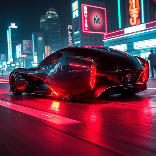 sleek futuristic automobile, inspired by Syd Mead, cybernetic aesthetic, dynamic movement, vibrant neon lights, high contrast shadows, aerodynamic curves, metallic and glossy textures, immersive depth, innovative design, urban landscape backdrop, night setting, bold color palette, capturing speed and energy, seamless integration, avant-garde, technological elegance, dramatic angles, expansive composition