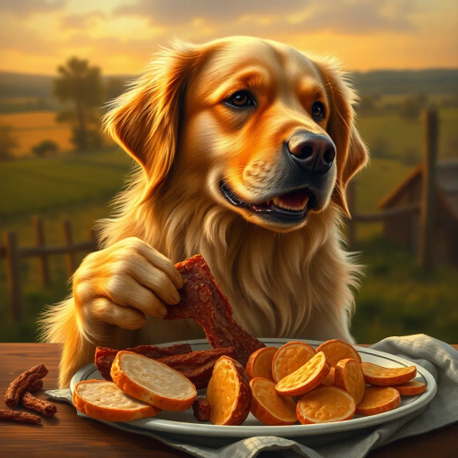 canine feast, golden retriever, savoring, succulent chicken jerky, Johann Friedrich Dieterich, romanticism, warm golden hues, detailed textures, mouth-watering, serene expression, gourmet indulgence, lush countryside backdrop, dusk lighting, rustic charm, intricate realism, harmonious composition, whimsical aura, culinary delight, storytelling moment, painterly brushstrokes, warm ambiance