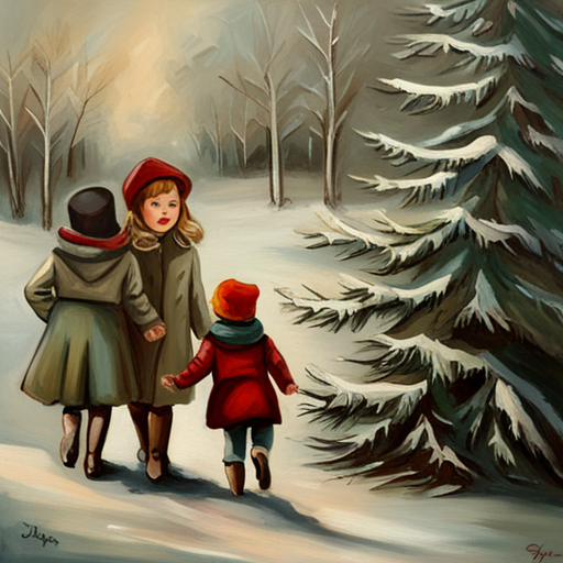 vintage oil, impersonalism, Winter Children, Christmas Tree Painting, classic, muted colors
